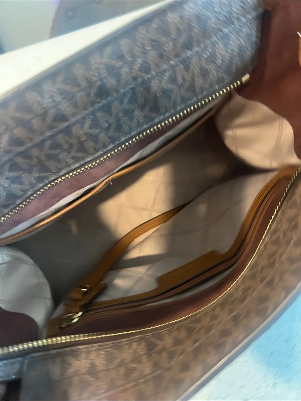 Michael Kors Brown MK Logo Satchel with Tan Leather Trim and Gold Hardware
